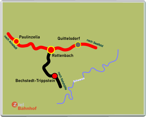 Rottenbach Paulinzella Quittelsdorf Bechstedt-Trippstein  Schwarza nach Katzhütte nach Saalfeld nach Arnstadt